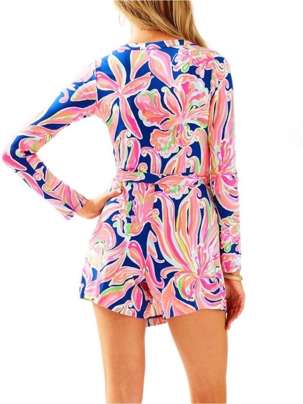 Lilly Pulitzer Tiki Wrap Romper Banana Flambe Resort Navy XS NWT Tropical Wrap - Picture 2 of 6